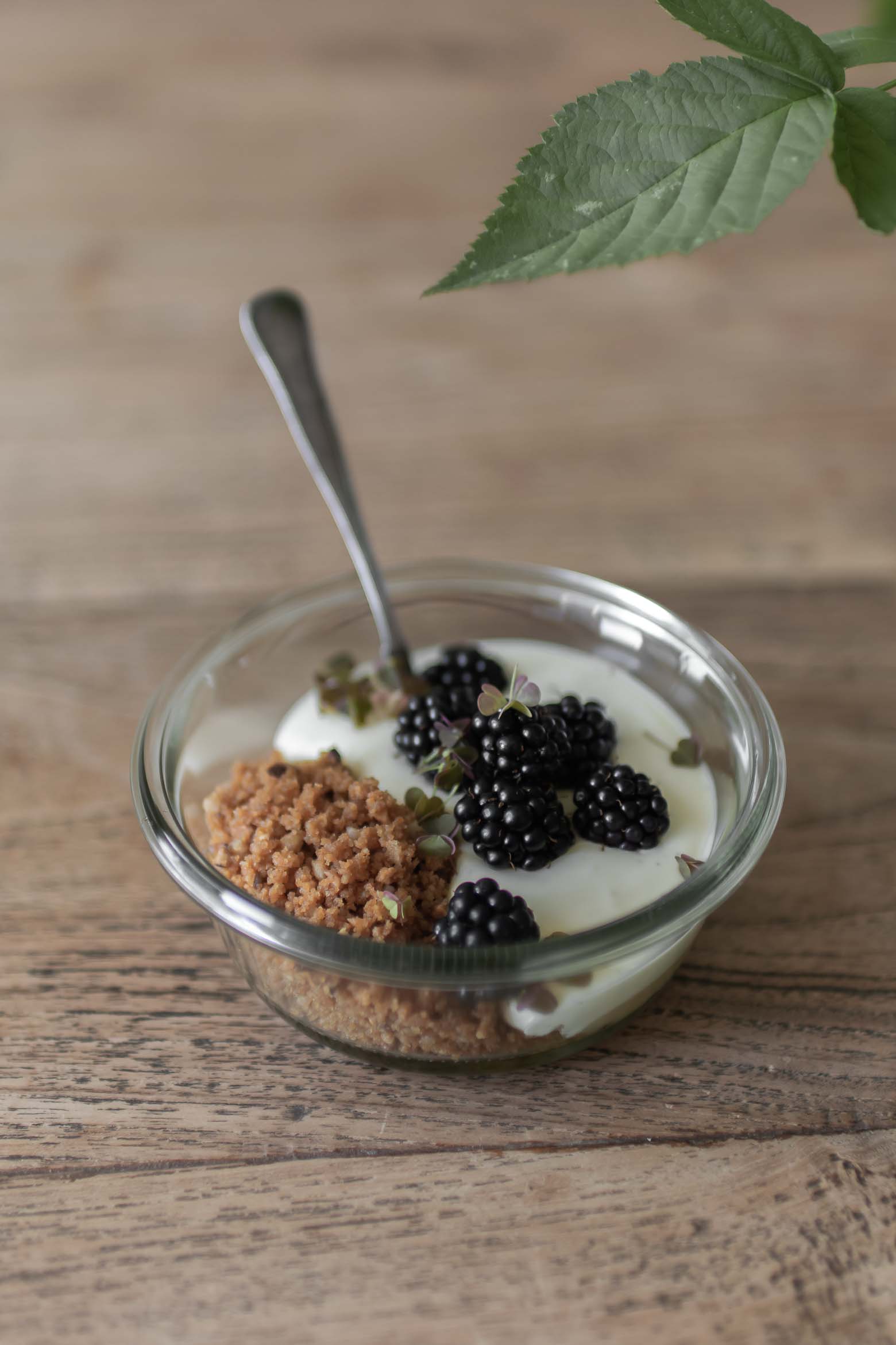 OSTEKAGE MED BROMBÆR, HYLDEBLOMSTCURD OG HASSELNØDDCRUMBLE