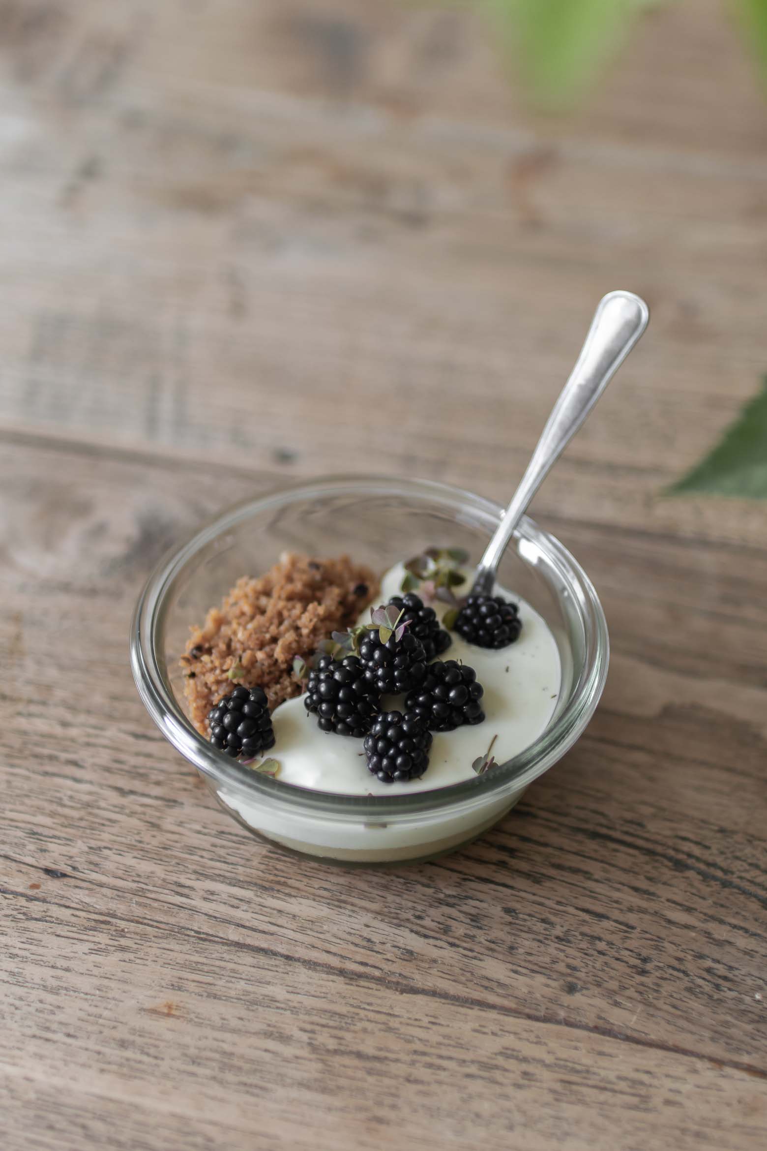 OSTEKAGE MED BROMBÆR, HYLDEBLOMSTCURD OG HASSELNØDDCRUMBLE