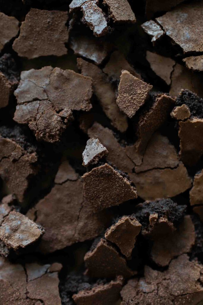 Broken pieces of crusty dark chocolate brownie showing the crisp, cracked surface.